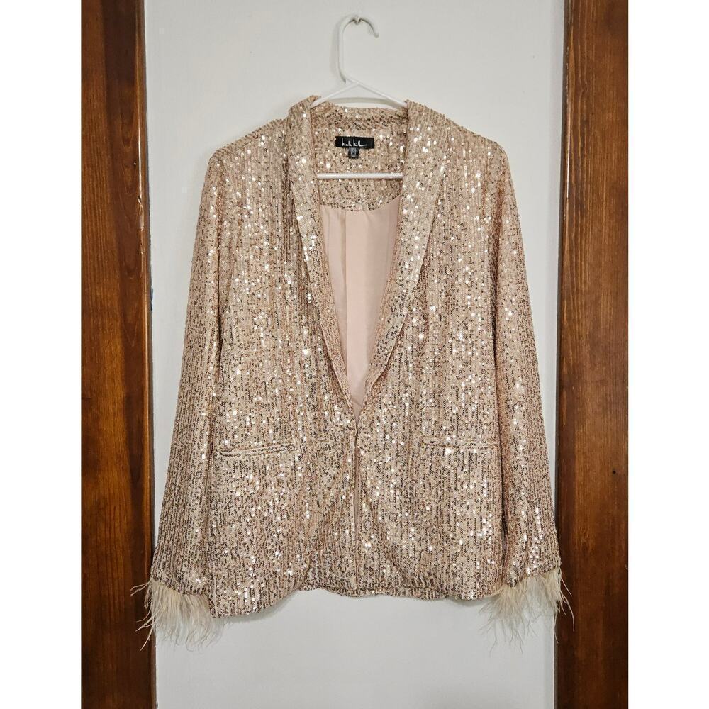 Nicole Miller Charlotte All Over Sequin Feather Trimmed Womens Pink Blazer Sz S - Picture 2 of 8